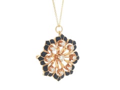 Vintage 14k Gold Diamond & Blue Enamel Work Open Flower Brooch Pendant Necklace
