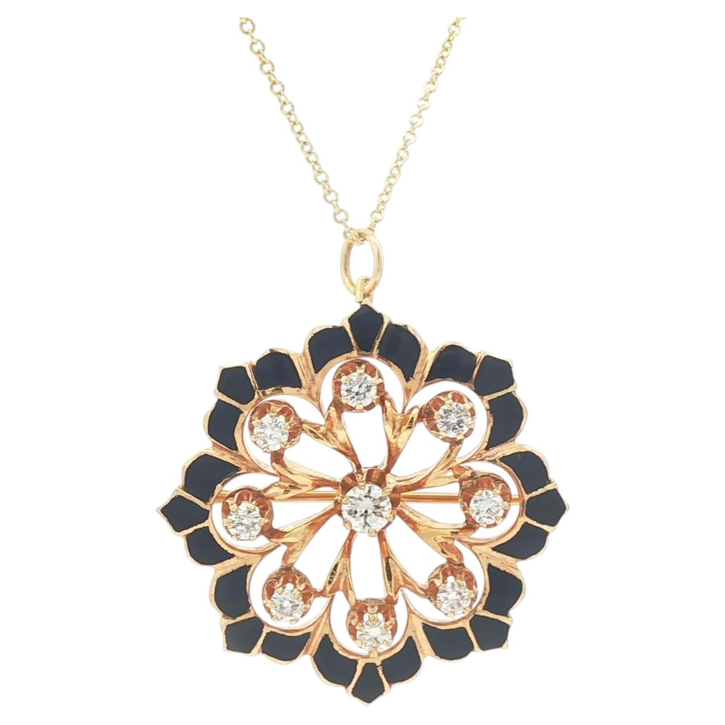 Collar Colgante Flor Abierta con Diamantes y Esmalte Azul en Oro 14k Vintage