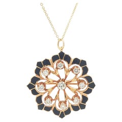 Collar Colgante Flor Abierta con Diamantes y Esmalte Azul en Oro 14k Vintage