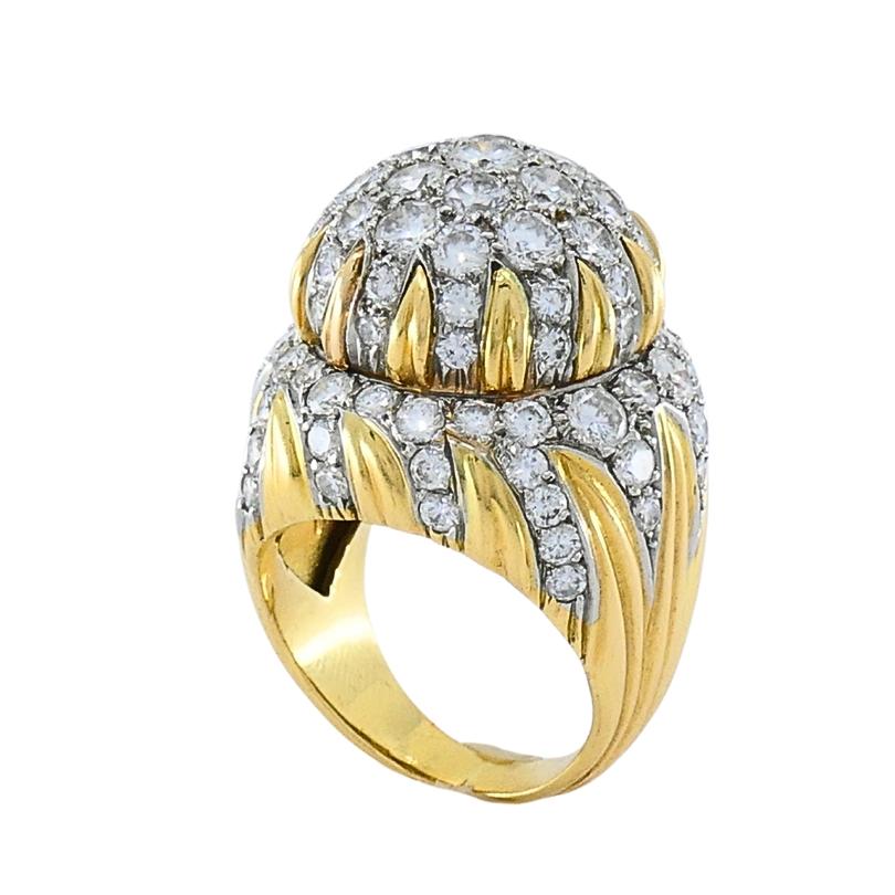Vintage 14k Gold Diamond Cocktail Floral Dome Ring Bon état - En vente à Beverly Hills, CA