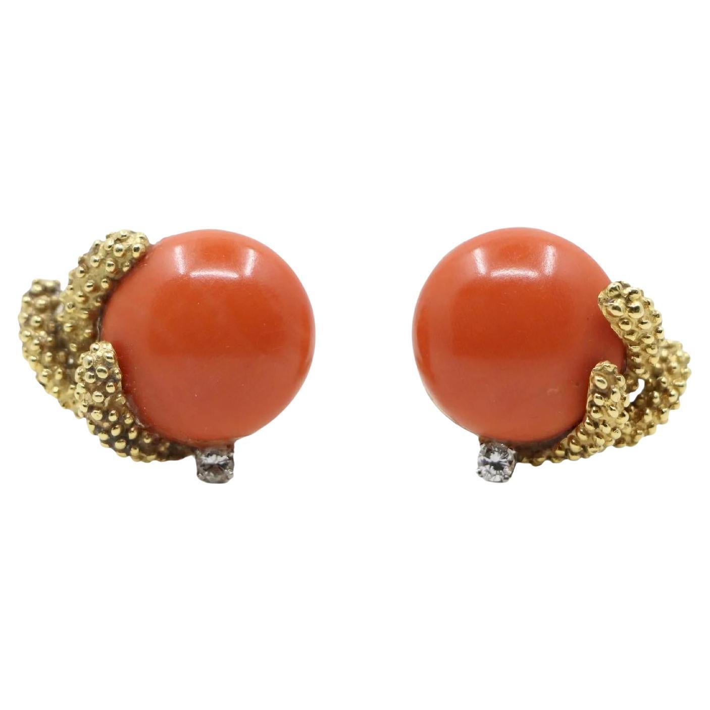 Vintage 14K Gold Diamond Coral Earrings For Sale at 1stDibs
