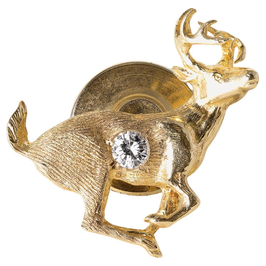 Spilla a forma di cervo in oro 14K vintage con diamante