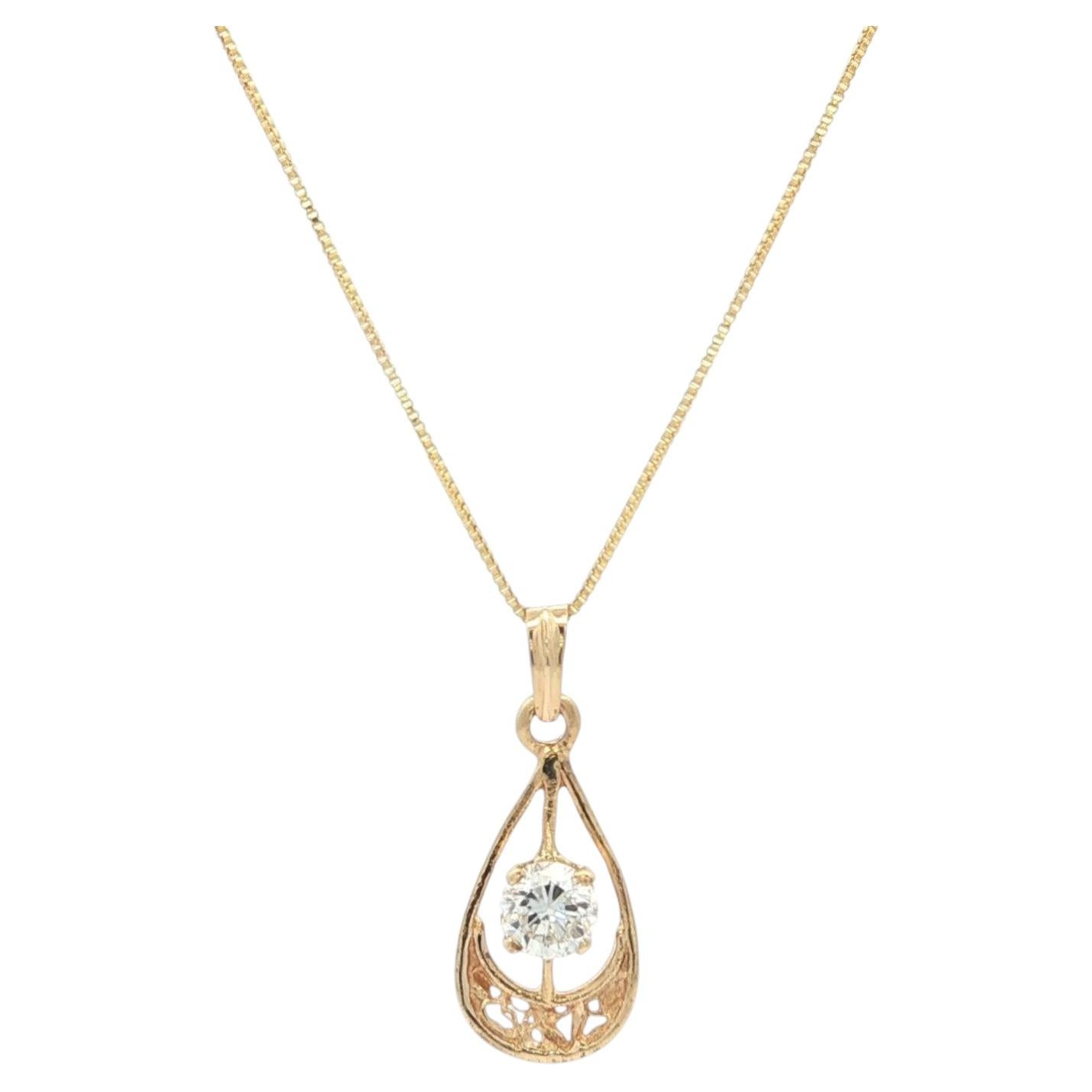 Vintage 14k Gold Diamond Detailed Open Work Teardrop Lavalier Pendant Necklace