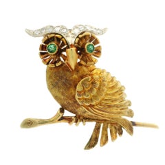 Vintage 14k Gold Diamond & Emerald Detailed Owl On Branch Pin Brooch