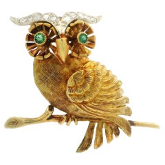 Vintage 14k Gold Diamond & Emerald Detailed Owl On Branch Pin Brooch