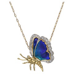 Vintage 14k Gold Diamond Enamel Butterfly Pendant Necklace
