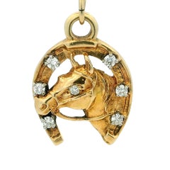 Vintage 14K Gold Diamond Equestrian Horse Head Horseshoe Pendant