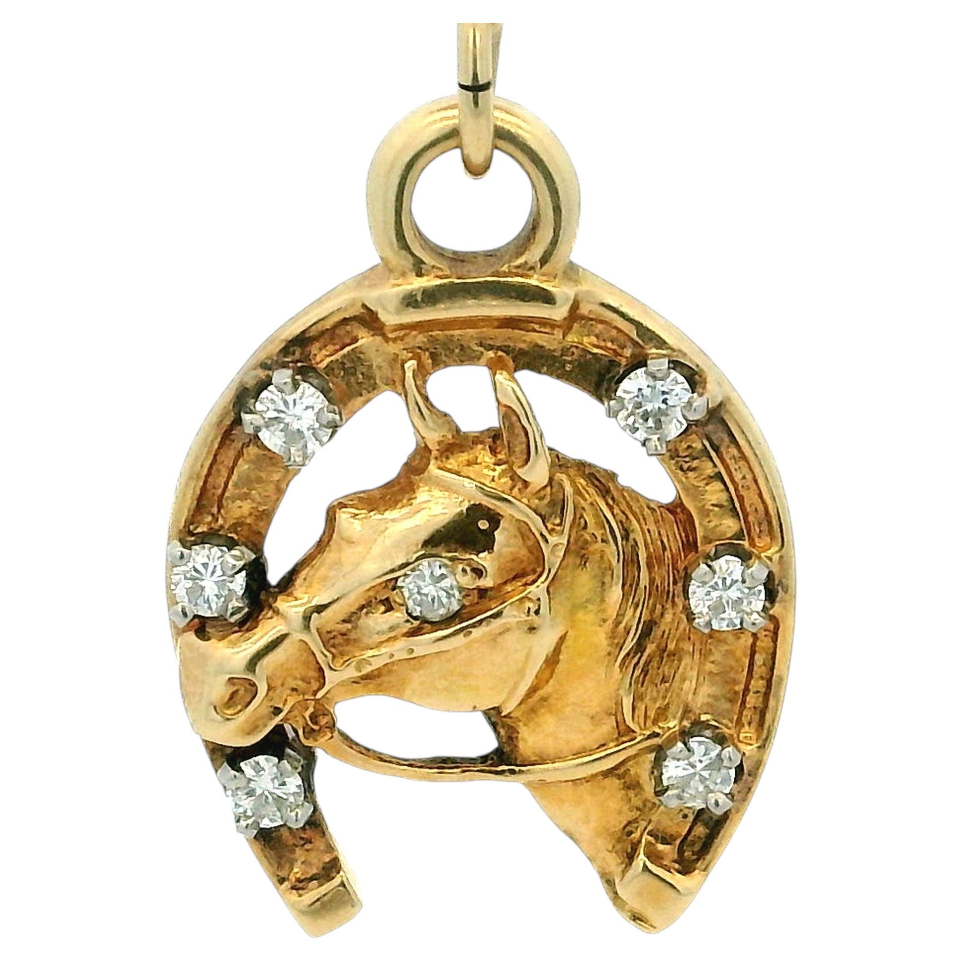 Vintage 14K Gold Diamond Equestrian Horse Head Horseshoe Pendentif