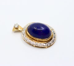 Vintage 14K Gold Diamond Large Lapis Cabochon Pendant