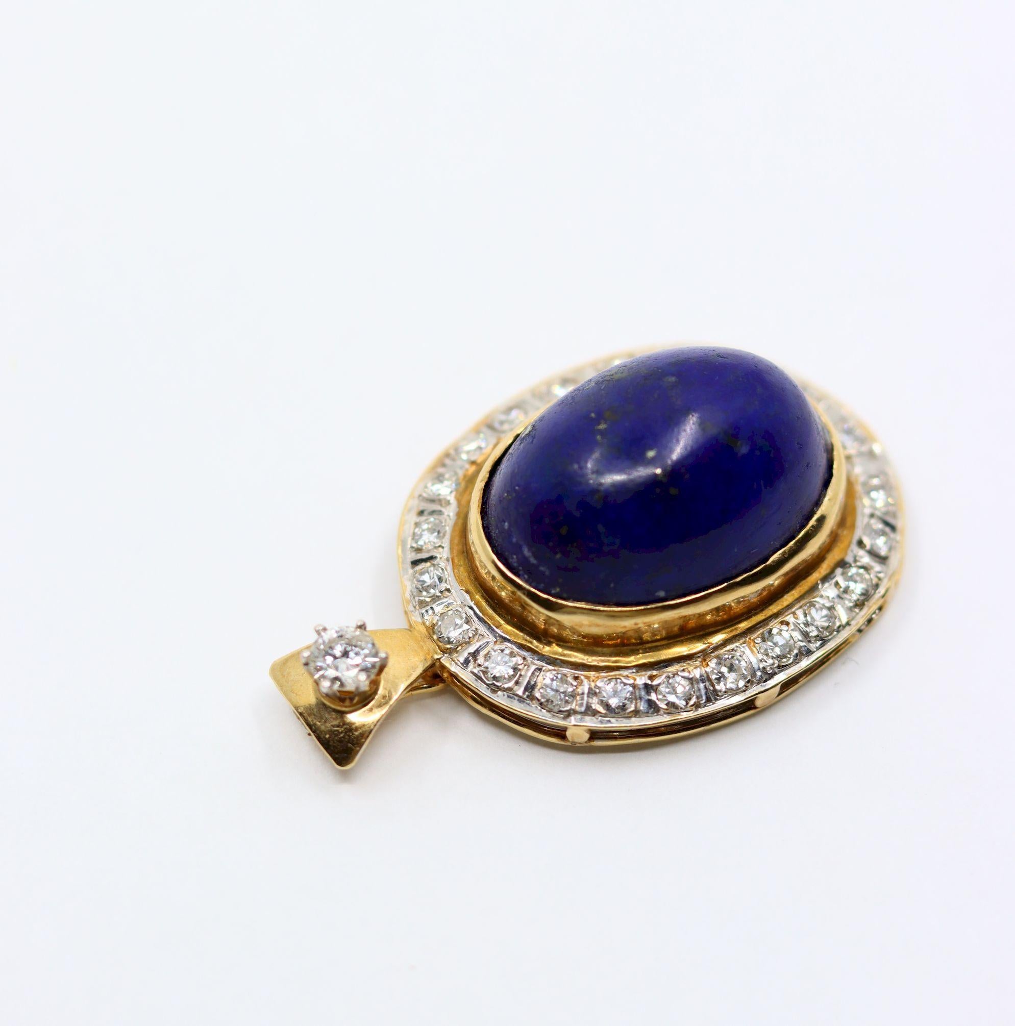 Women's Vintage 14K Gold Diamond Large Lapis Cabochon Pendant For Sale