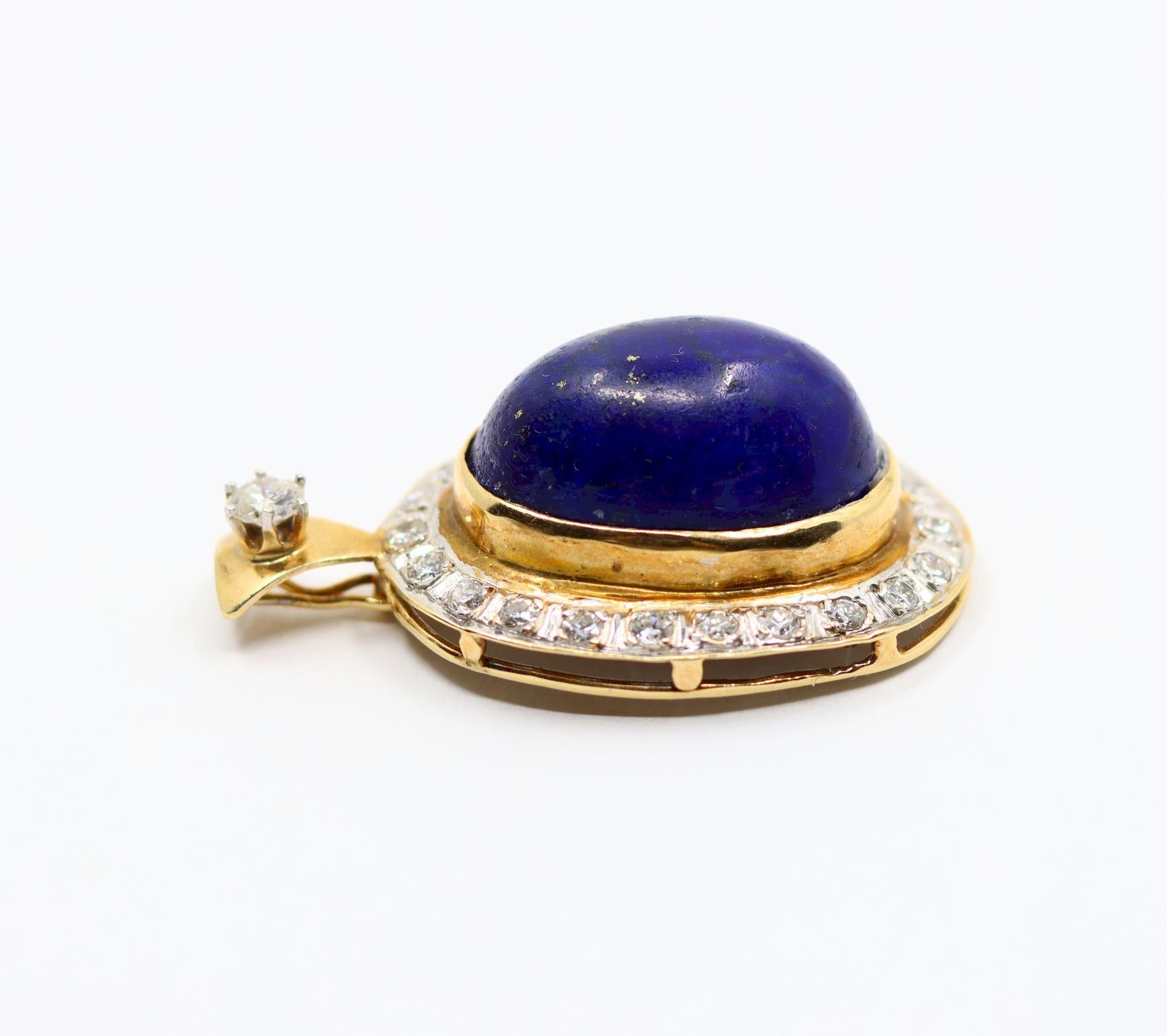 Vintage 14K Gold Diamond Large Lapis Cabochon Pendant For Sale 1