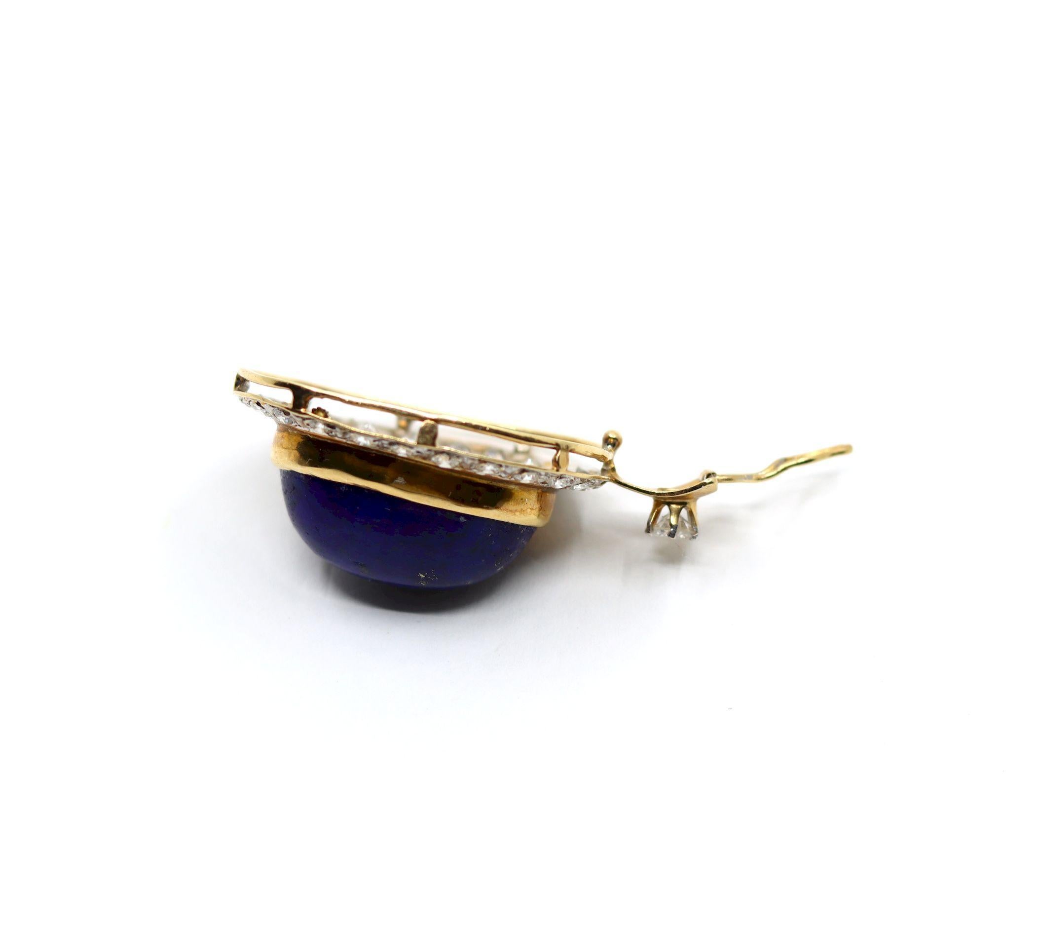 Vintage 14K Gold Diamond Large Lapis Cabochon Pendant For Sale 2