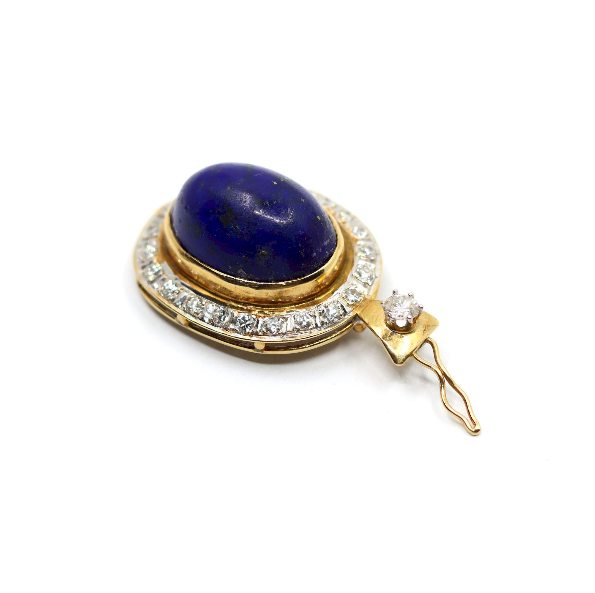 Vintage 14K Gold Diamond Large Lapis Cabochon Pendant For Sale 3