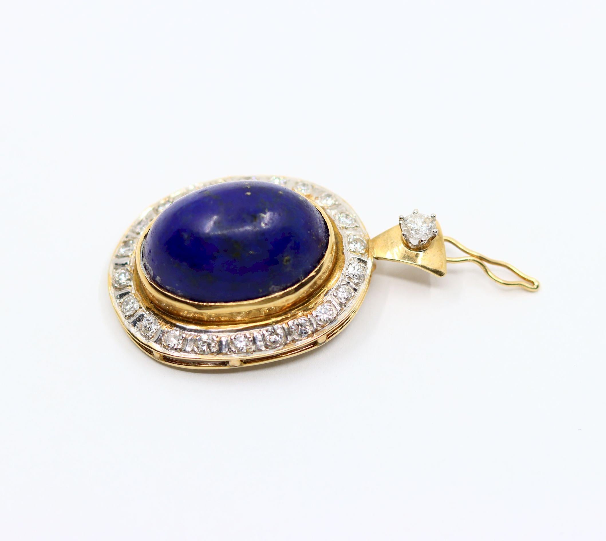 Vintage 14K Gold Diamond Large Lapis Cabochon Pendant For Sale 4