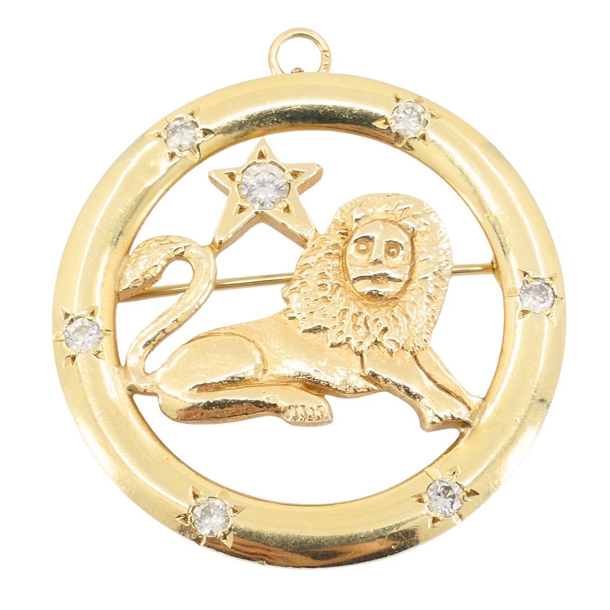 Spilla ciondolo astrologico Zodiac d'epoca in oro 14k con diamante Leo in vendita 5