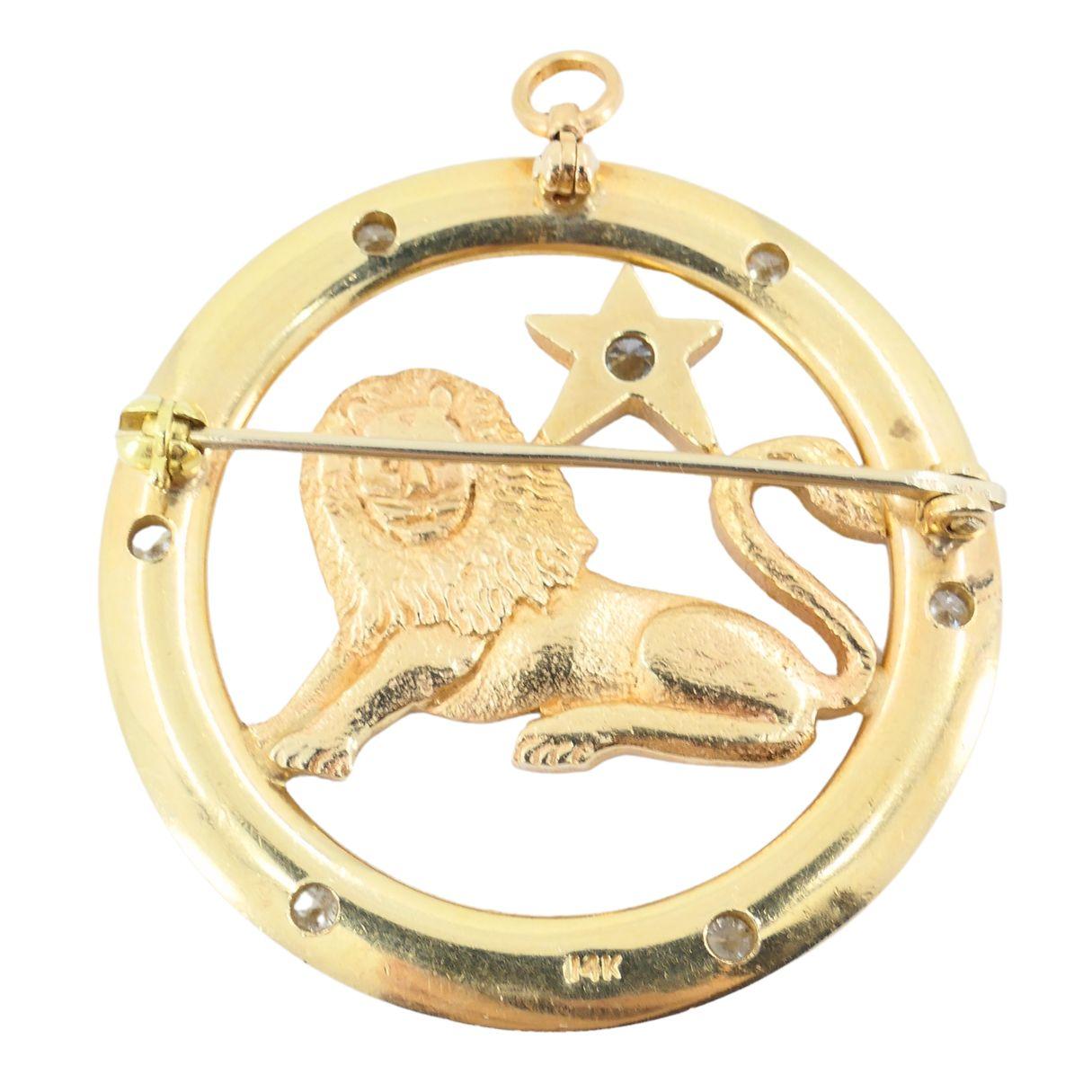 Spilla ciondolo astrologico Zodiac d'epoca in oro 14k con diamante Leo in vendita 7
