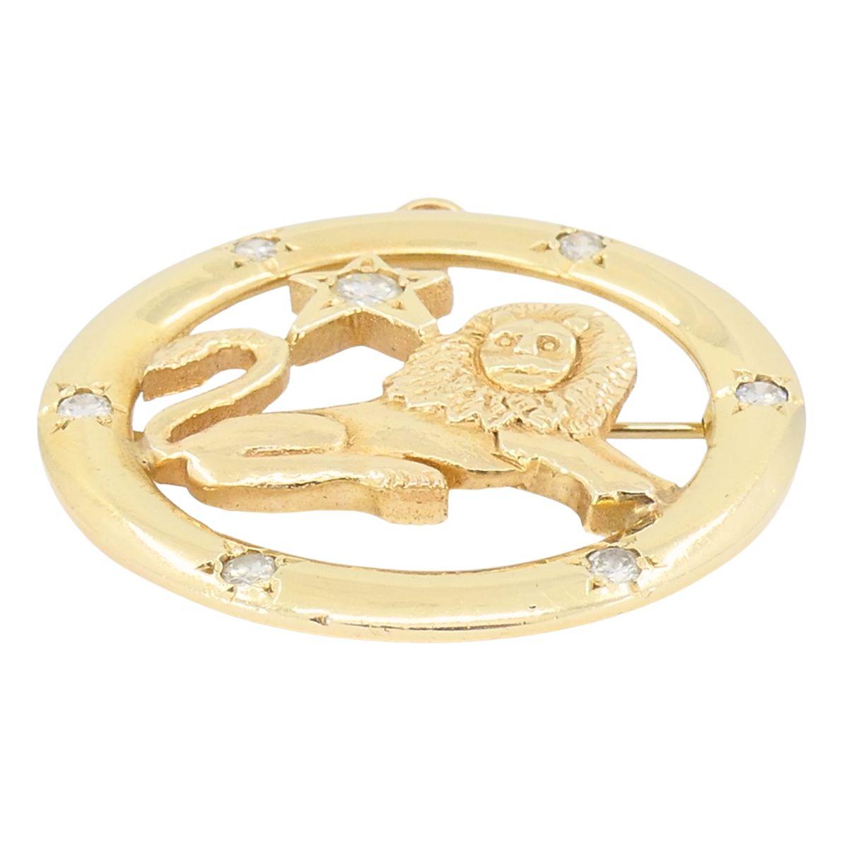 Spilla ciondolo astrologico Zodiac d'epoca in oro 14k con diamante Leo In condizioni buone in vendita a Beverly Hills, CA