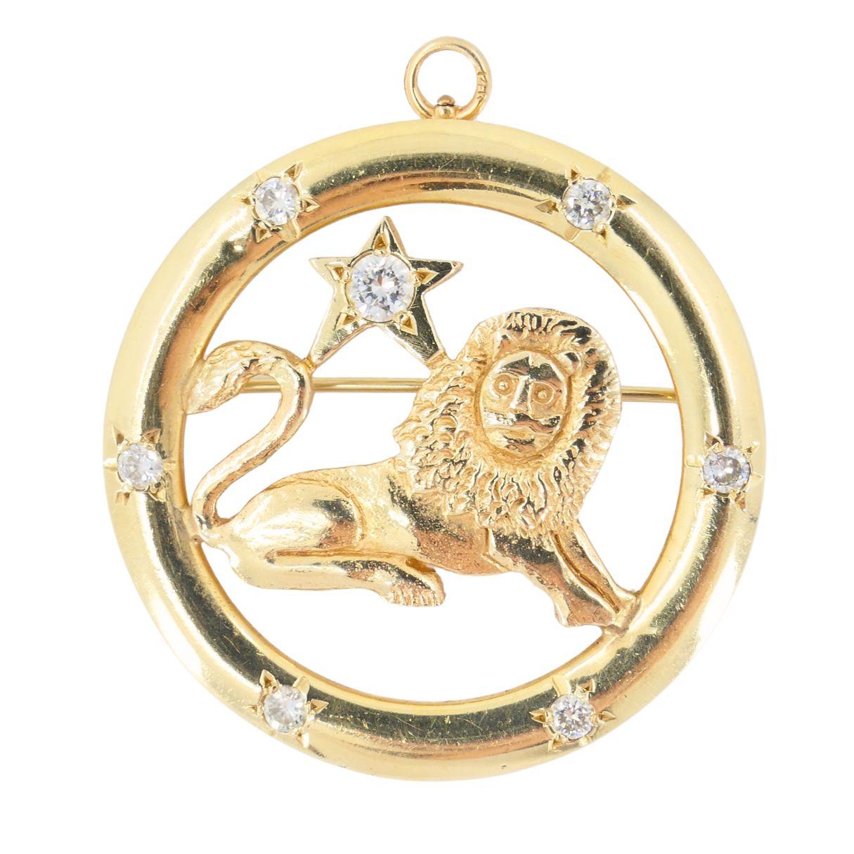 da uomo o donna Spilla ciondolo astrologico Zodiac d'epoca in oro 14k con diamante Leo in vendita