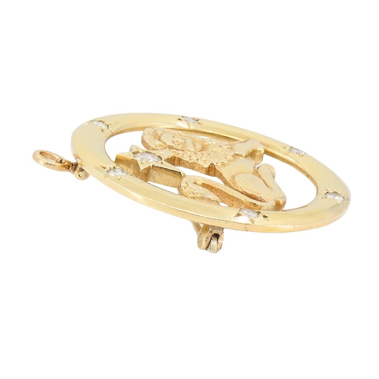 Spilla ciondolo astrologico Zodiac d'epoca in oro 14k con diamante Leo in vendita 4