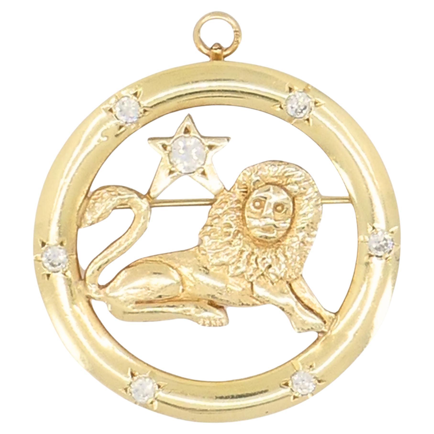 Spilla ciondolo astrologico Zodiac d'epoca in oro 14k con diamante Leo
