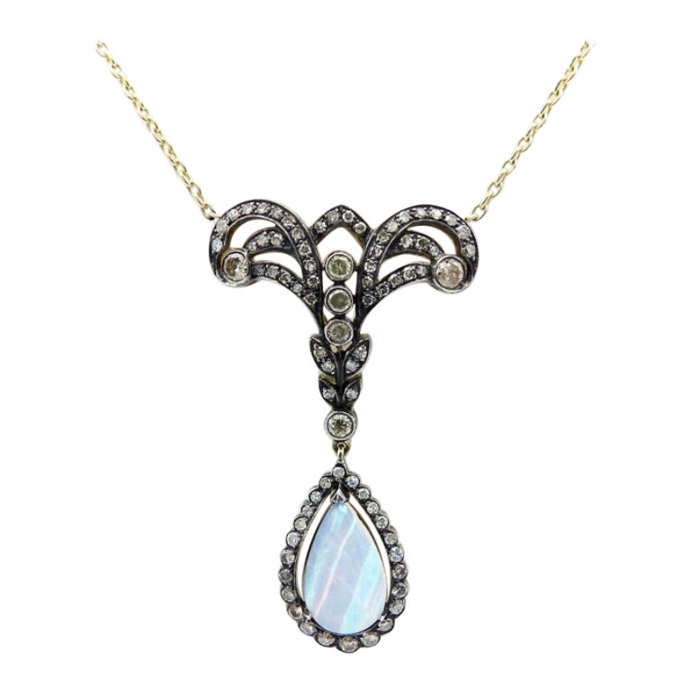 Collier vintage en or 14K avec diamant et opale