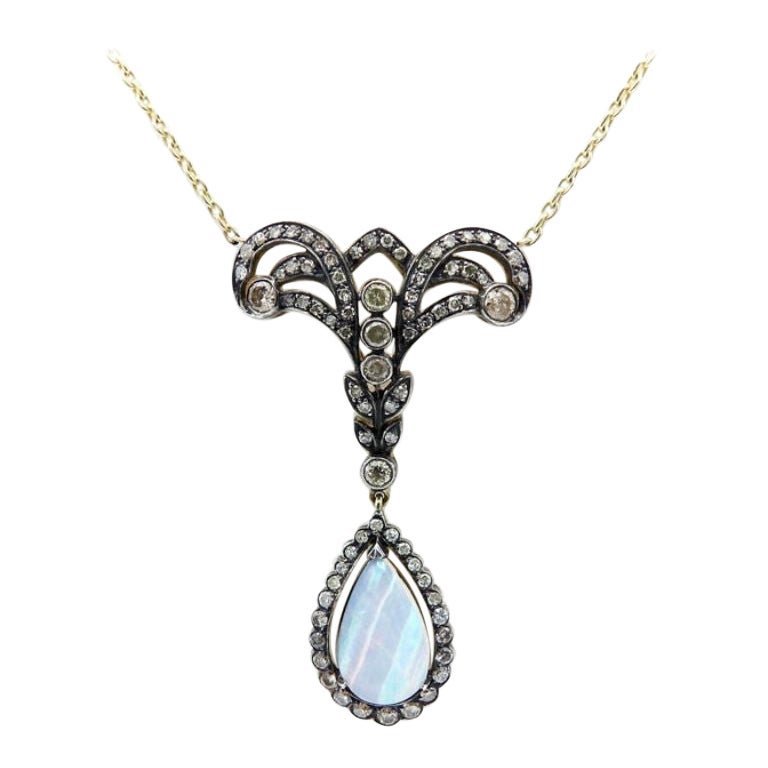 Vintage 14K Gold Diamond & Opal Necklace For Sale