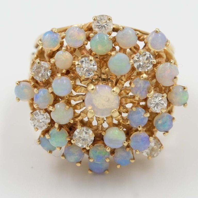 Modernist Vintage 14K Gold Diamond Opal Ring For Sale