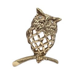 Vintage 14K Gold Diamond Owl Brooch Pendant, 1.5 Inch