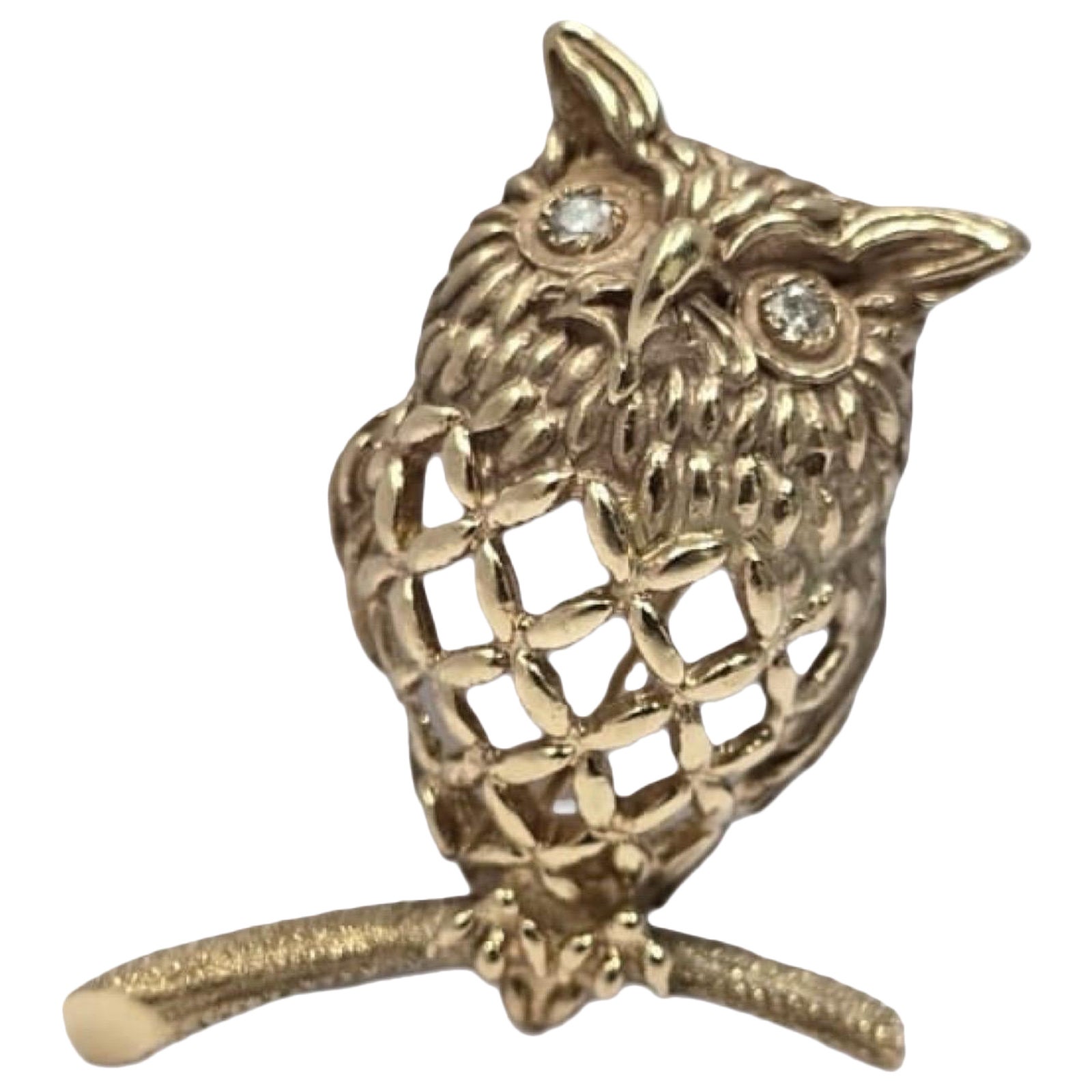 Ciondolo spilla gufo in oro 14K vintage con diamanti, 1,5 pollici