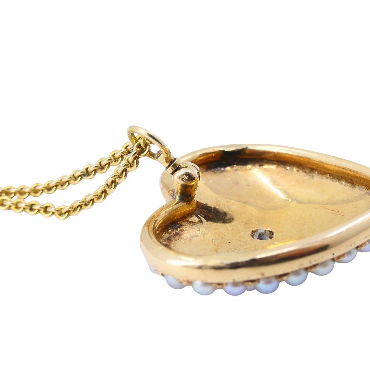 Vintage 14k Gold Diamond Pearl Heart Pendant Necklace For Sale 5