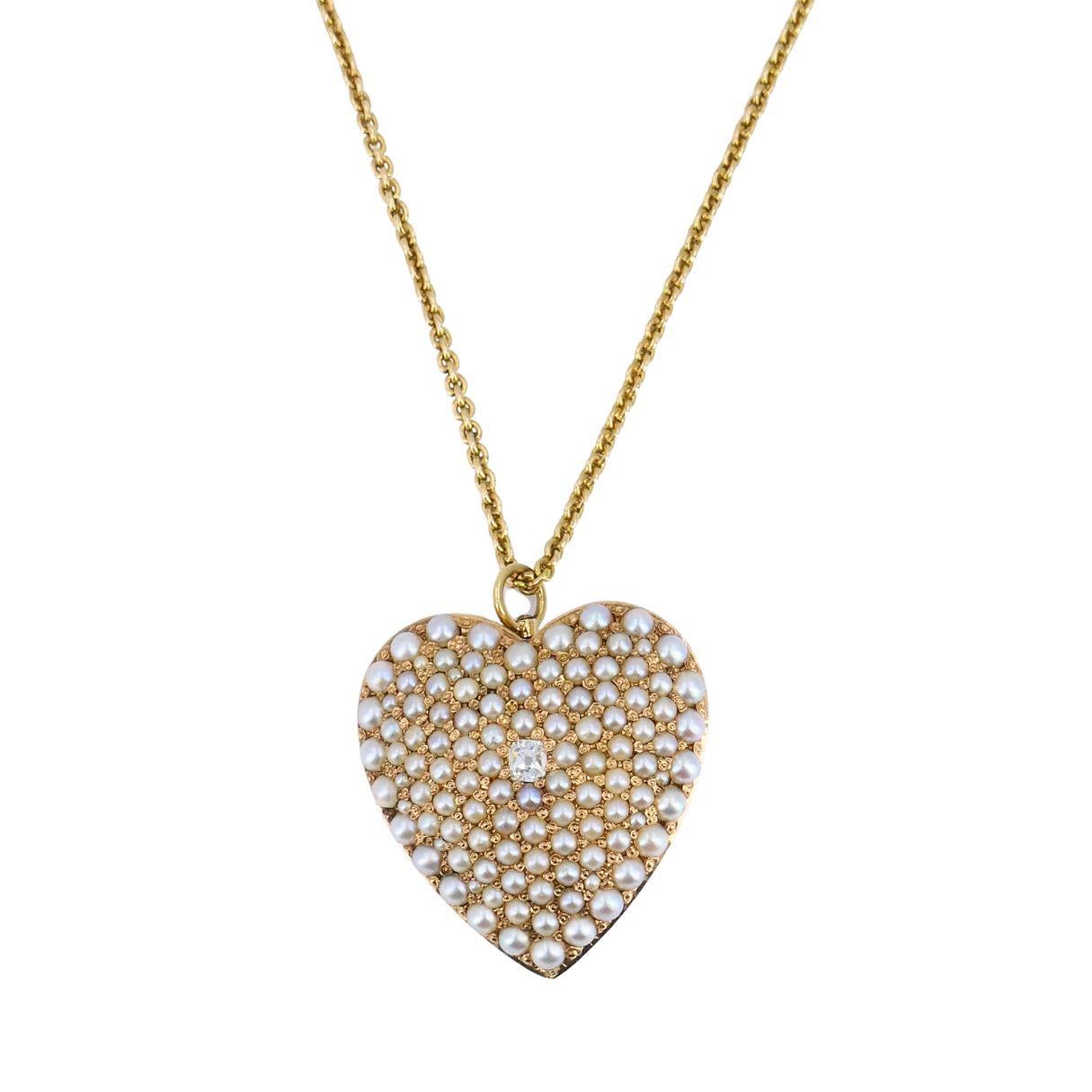 Ball Cut Vintage 14k Gold Diamond Pearl Heart Pendant Necklace For Sale