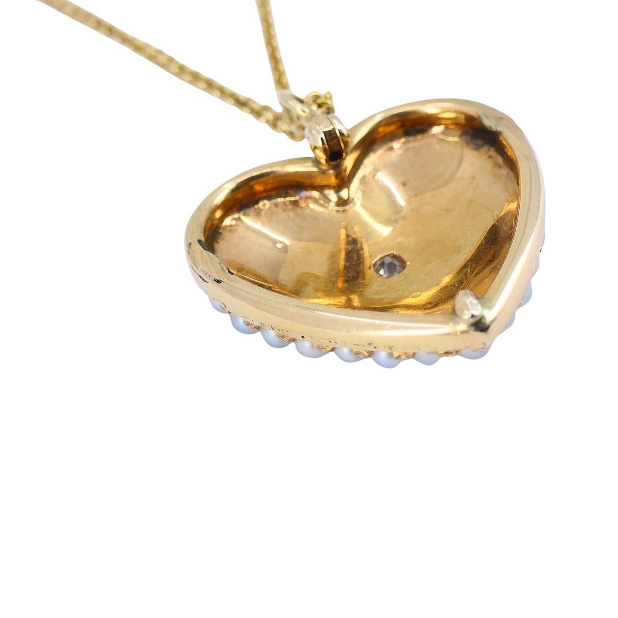 Vintage 14k Gold Diamond Pearl Heart Pendant Necklace For Sale 1