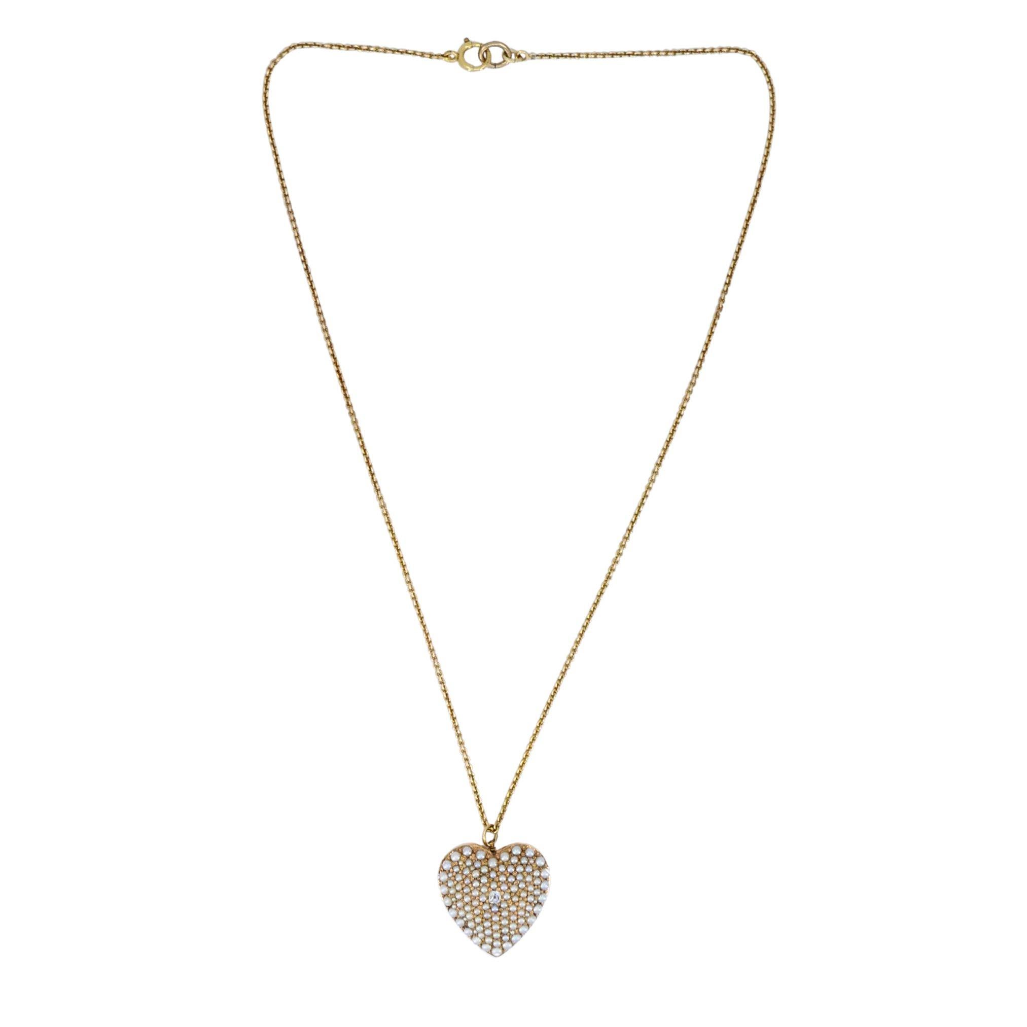 Vintage 14k Gold Diamond Pearl Heart Pendant Necklace For Sale 4