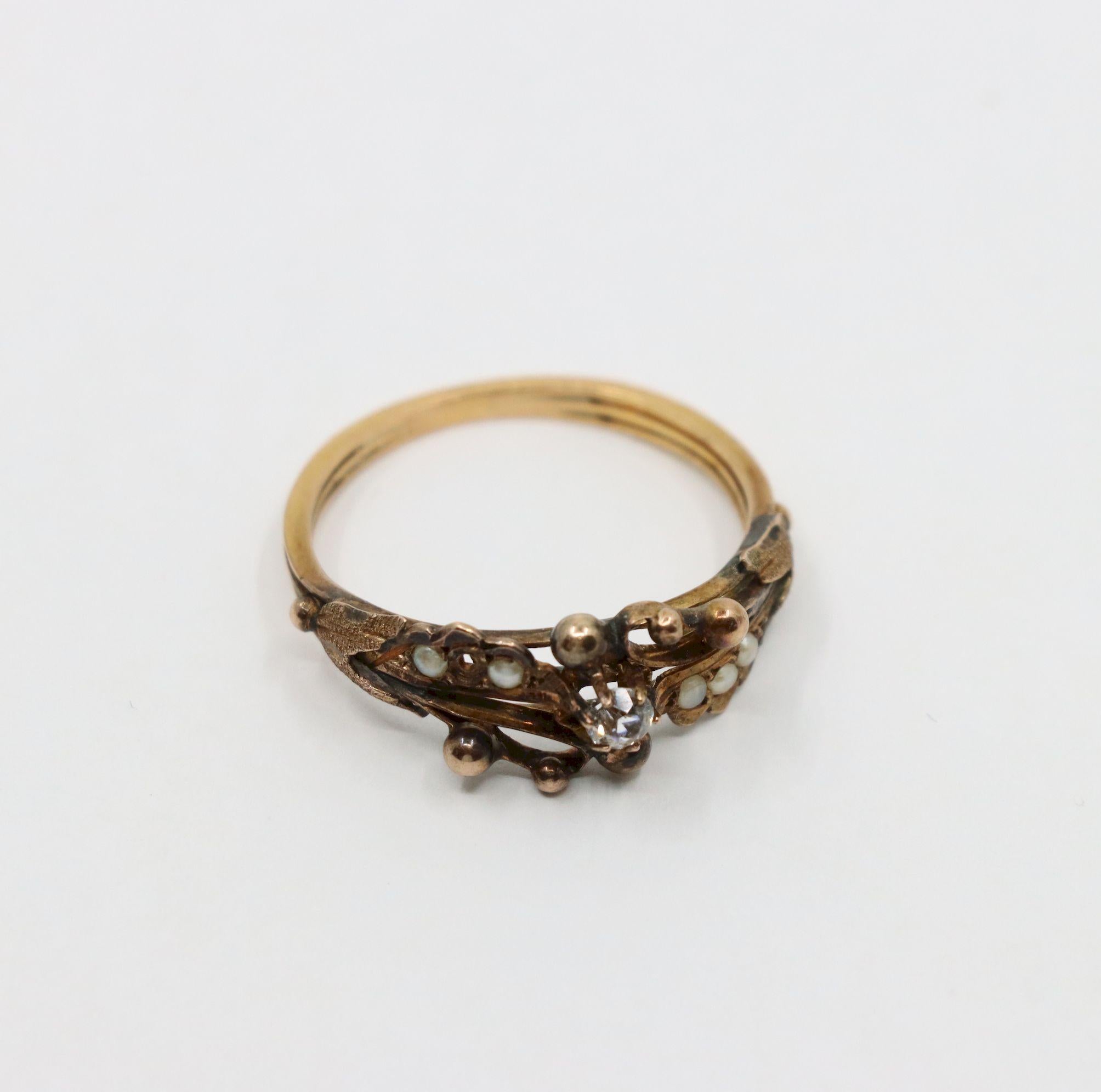 Vintage 14K Gold Diamond Pearl Ring For Sale 5
