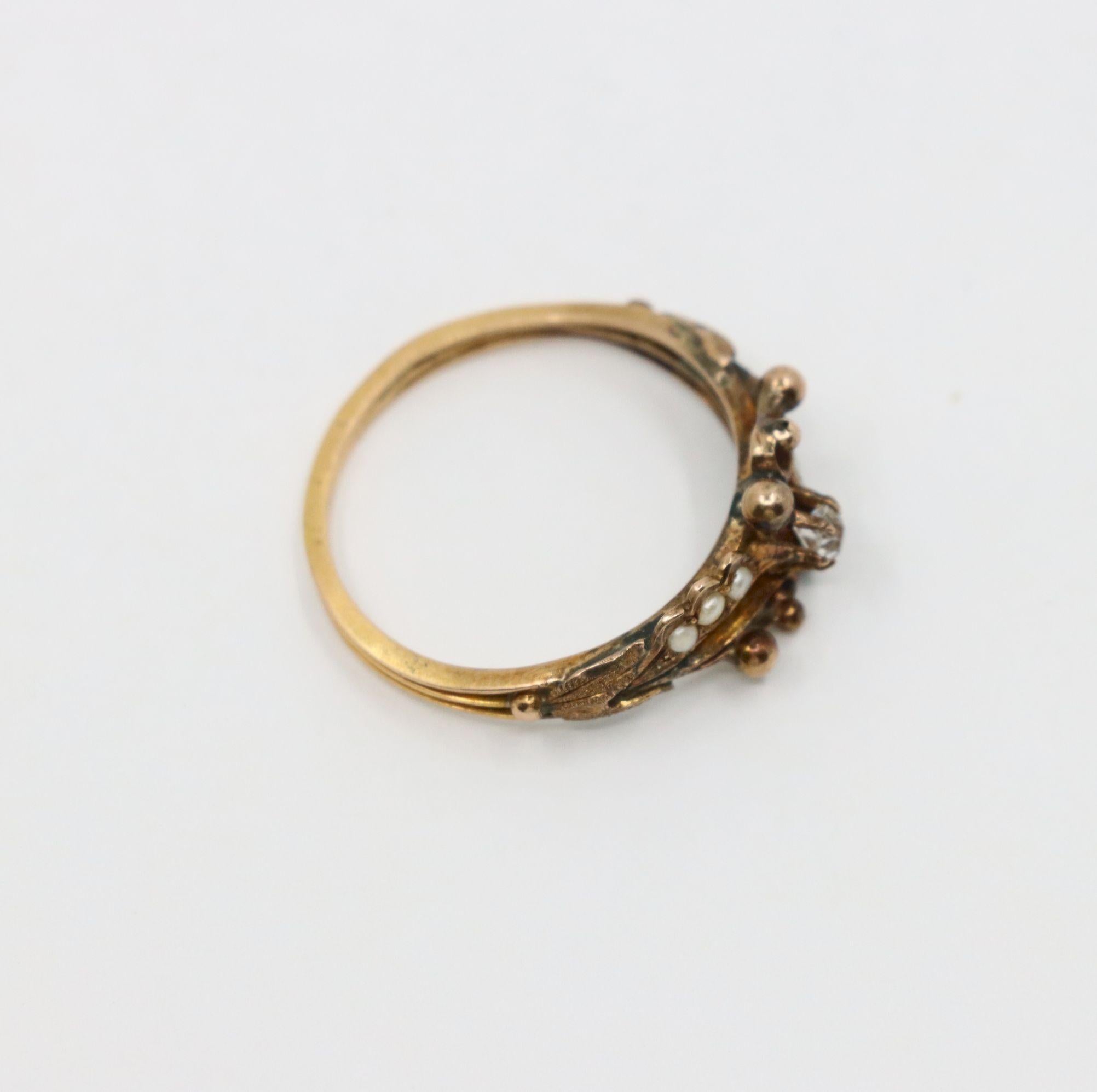 Vintage 14K Gold Diamond Pearl Ring For Sale 4