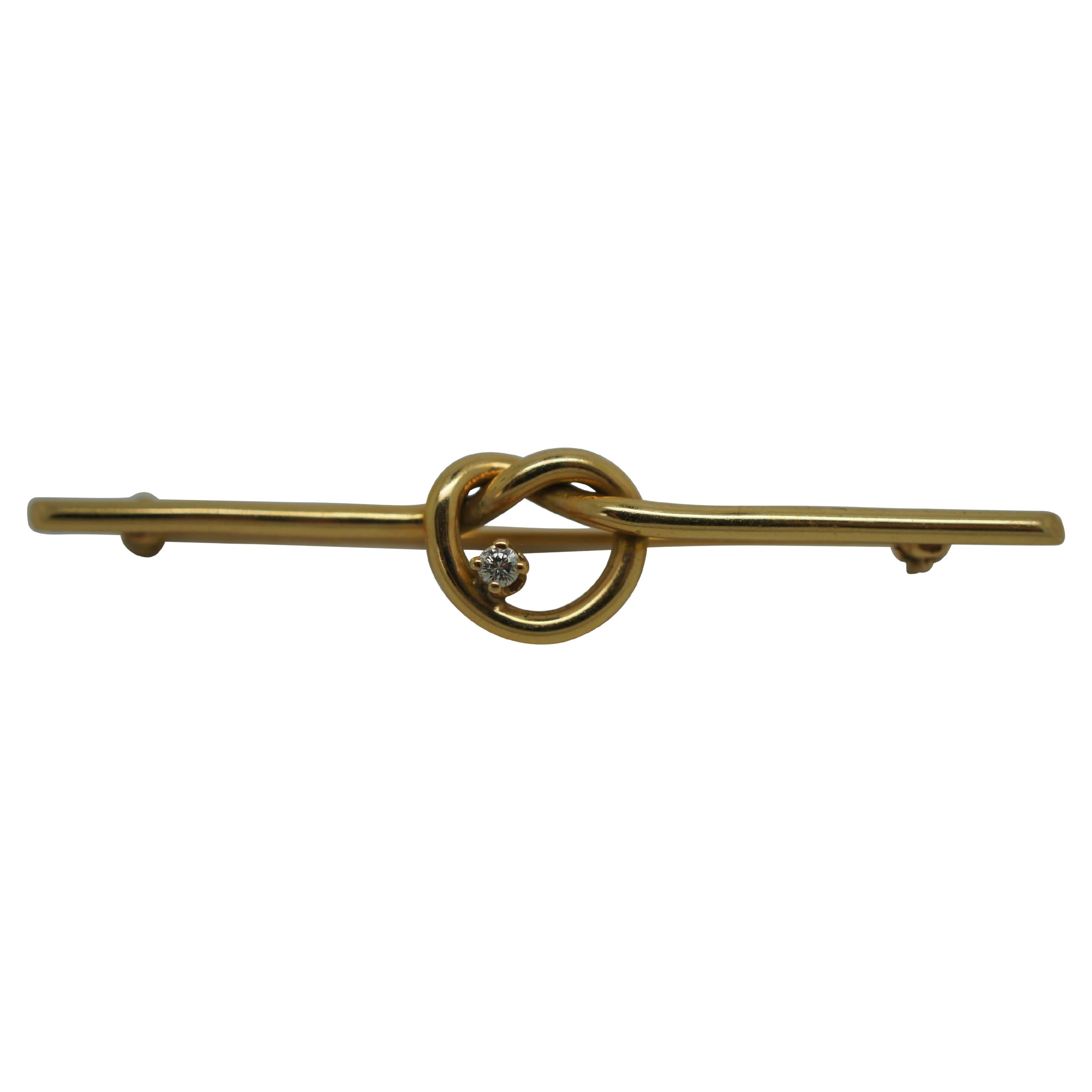 Vintage 14K Gold & Diamond Pretzel Knot Bar Brooch Pin 2" 3.4g 