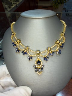 Vintage 14K Gold Diamond & Royal Blue Sapphire Festoon Necklace 23.00ct