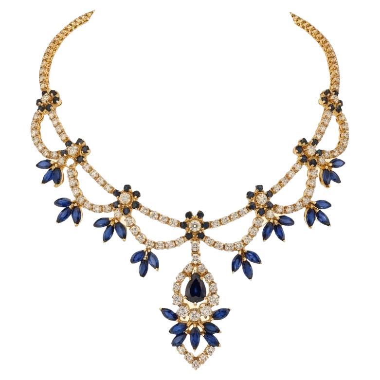 Vintage 14K Gold Diamond 
Royal Blue Sapphire Festoon Necklace 23.00ct For Sale