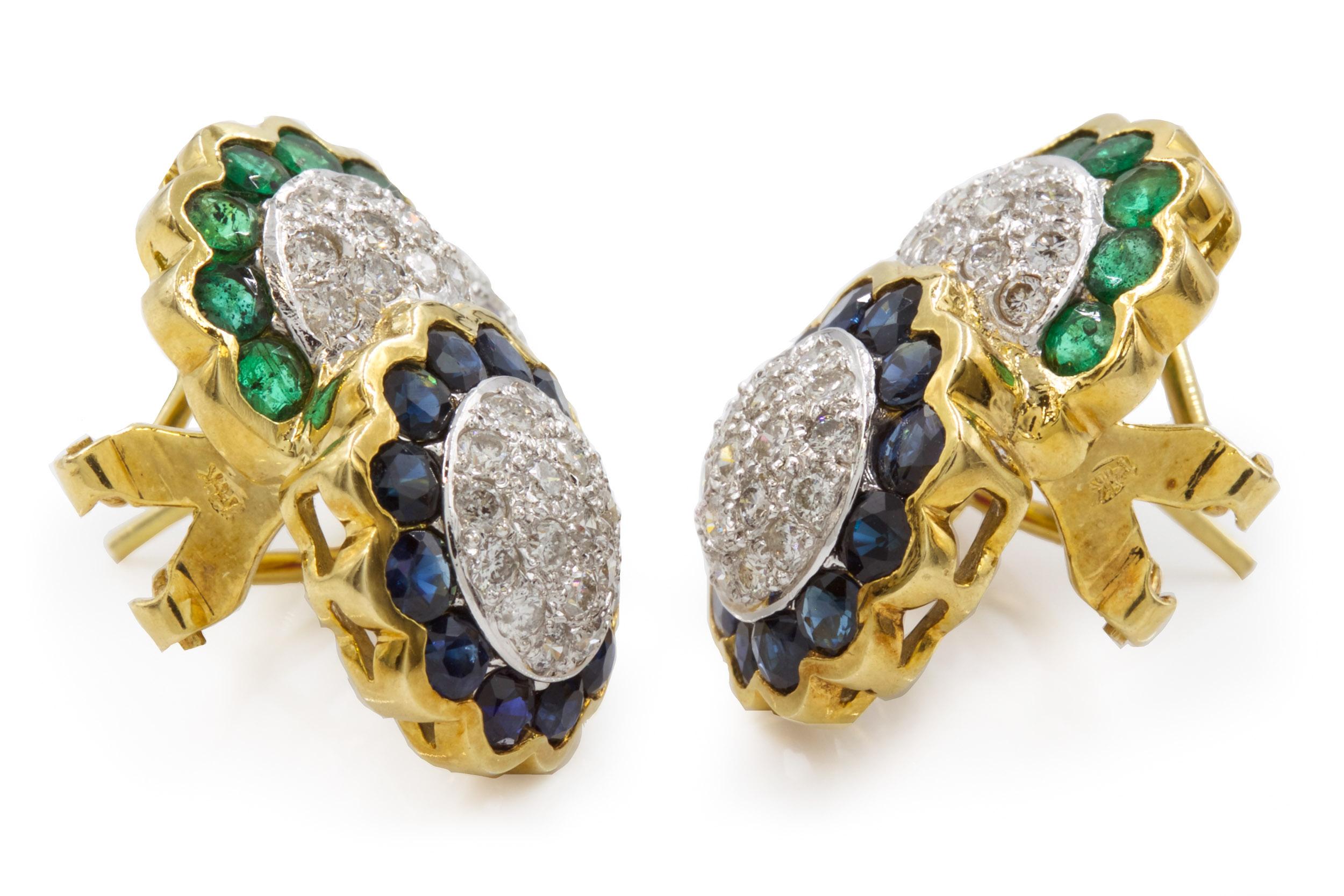 VINTAGE 14K GOLD, DIAMOND, EMERALD, RUBY AND SAPPHIRE EARRINGS
Circa third quarter of 20th century; with omega-style clips
Item # C104236 

An absolutely gorgeous vintage pair of earrings executed entirely in 14 karat yellow gold, they are set with
