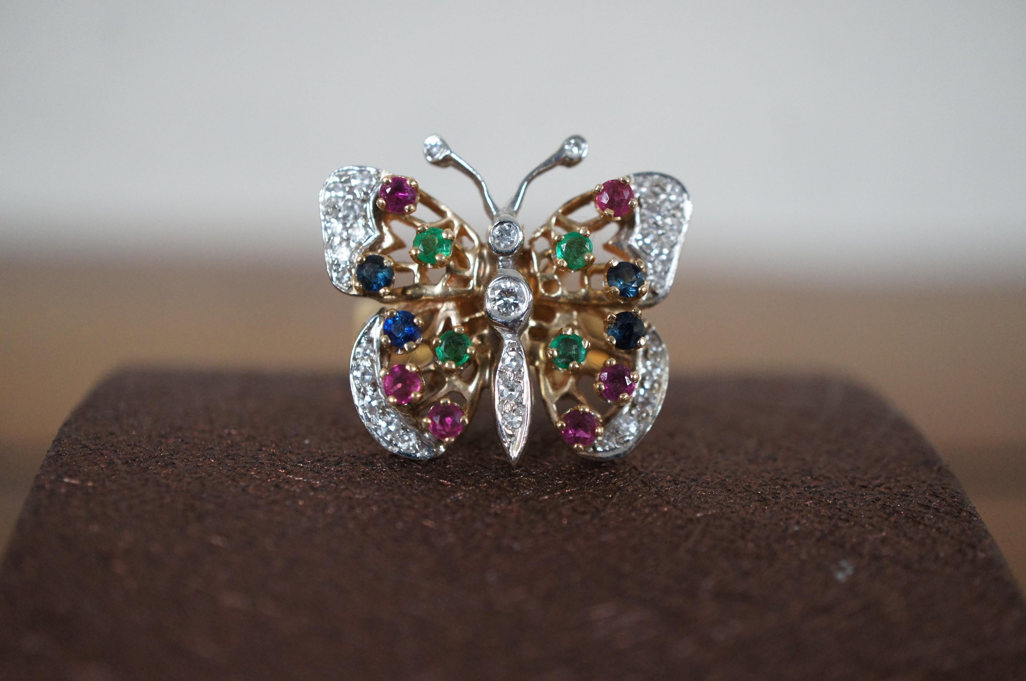 Vintage 14k Gold Diamond Ruby Sapphire Emerald Butterfly Statement Ring 8.25 For Sale 6