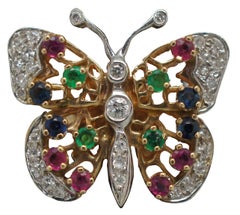 Bague fantaisie vintage papillon en or 14 carats avec diamants, rubis, saphirs et émeraudes 8,25