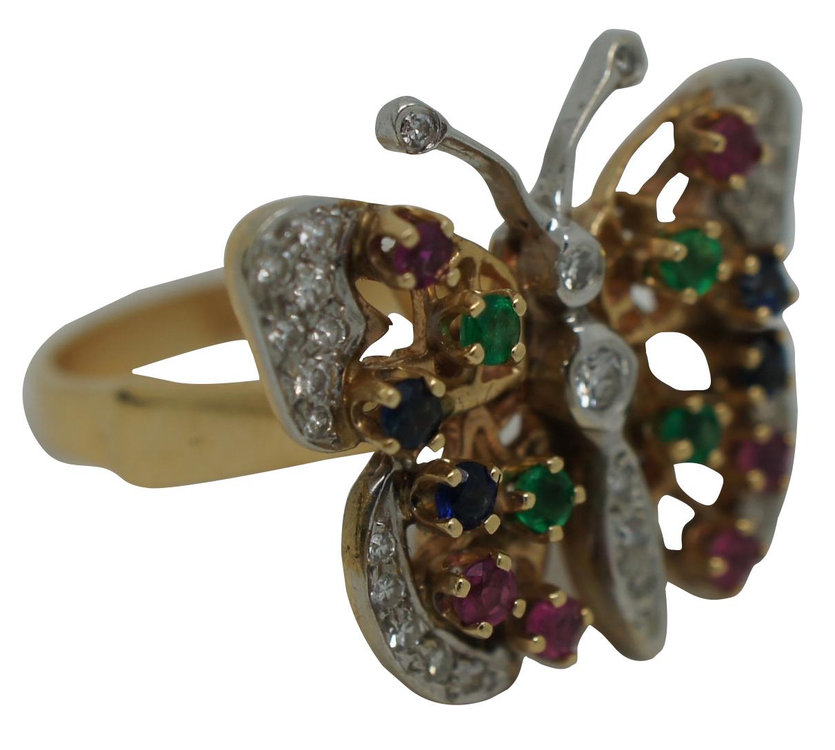 Vintage 14k Gold Diamond Ruby Sapphire Emerald Butterfly Statement Ring 8.25 In Good Condition For Sale In Dayton, OH