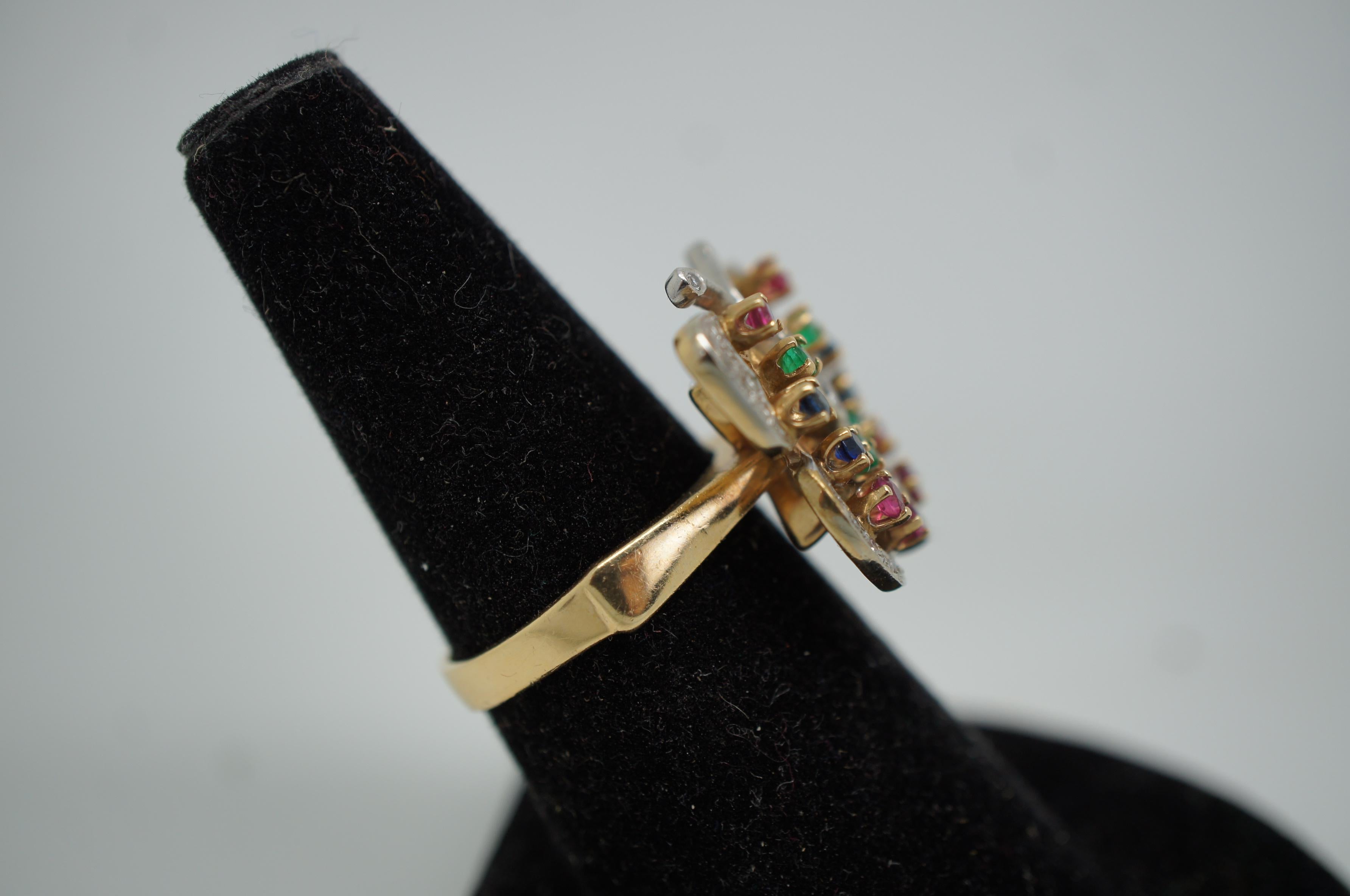 20th Century Vintage 14k Gold Diamond Ruby Sapphire Emerald Butterfly Statement Ring 8.25 For Sale
