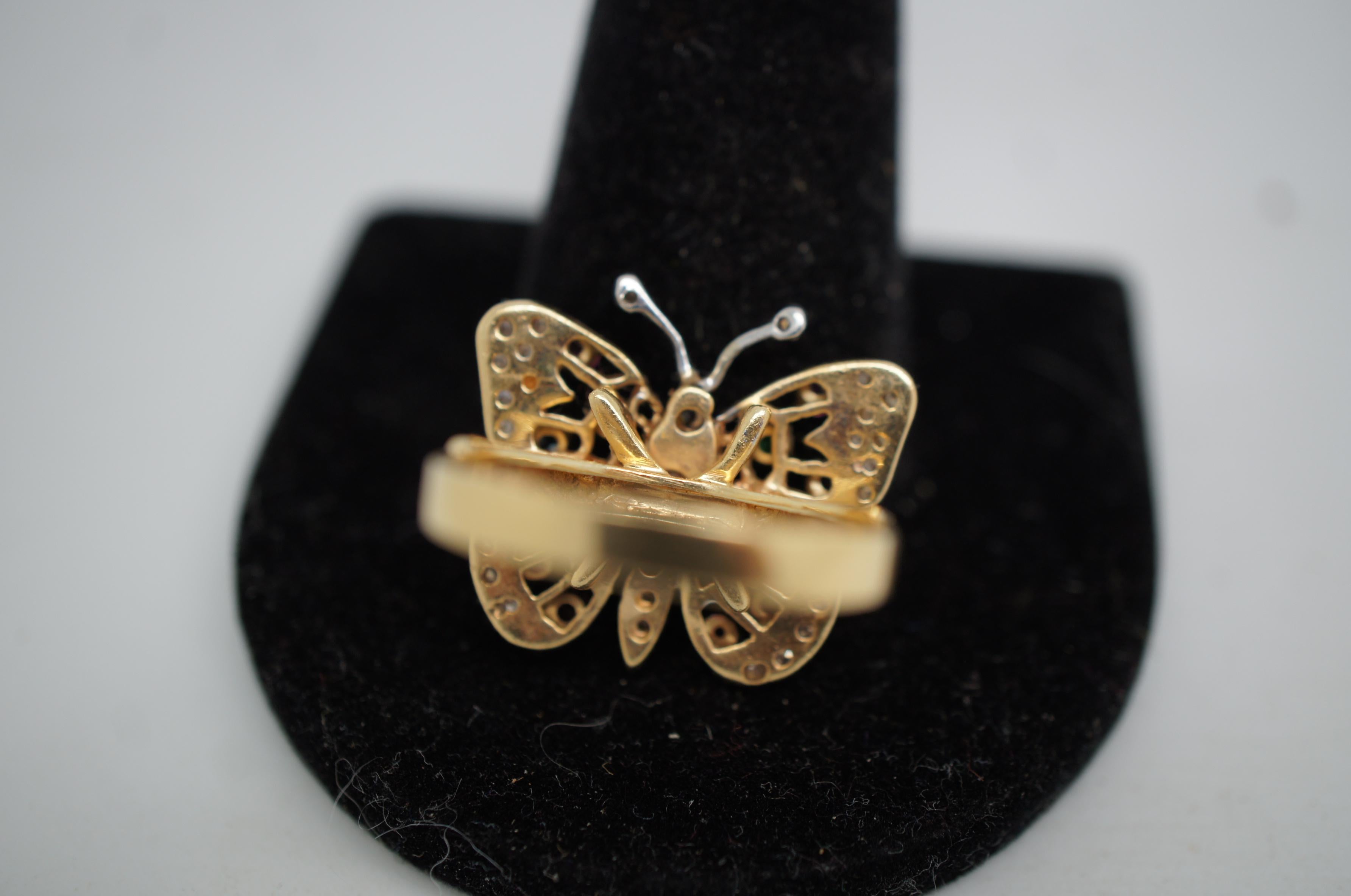 Vintage 14k Gold Diamond Ruby Sapphire Emerald Butterfly Statement Ring 8.25 For Sale 2