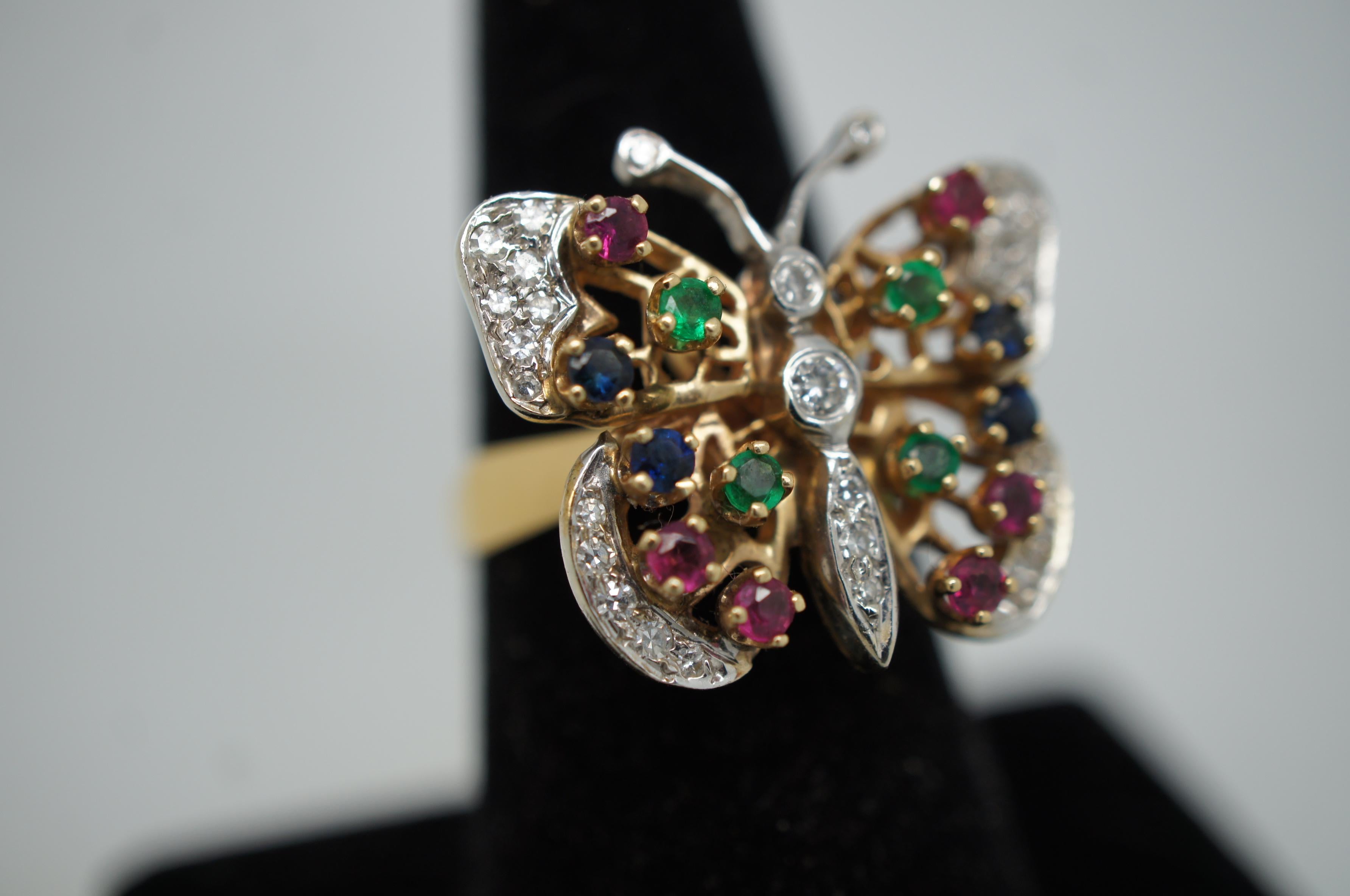 Vintage 14k Gold Diamond Ruby Sapphire Emerald Butterfly Statement Ring 8.25 For Sale 5