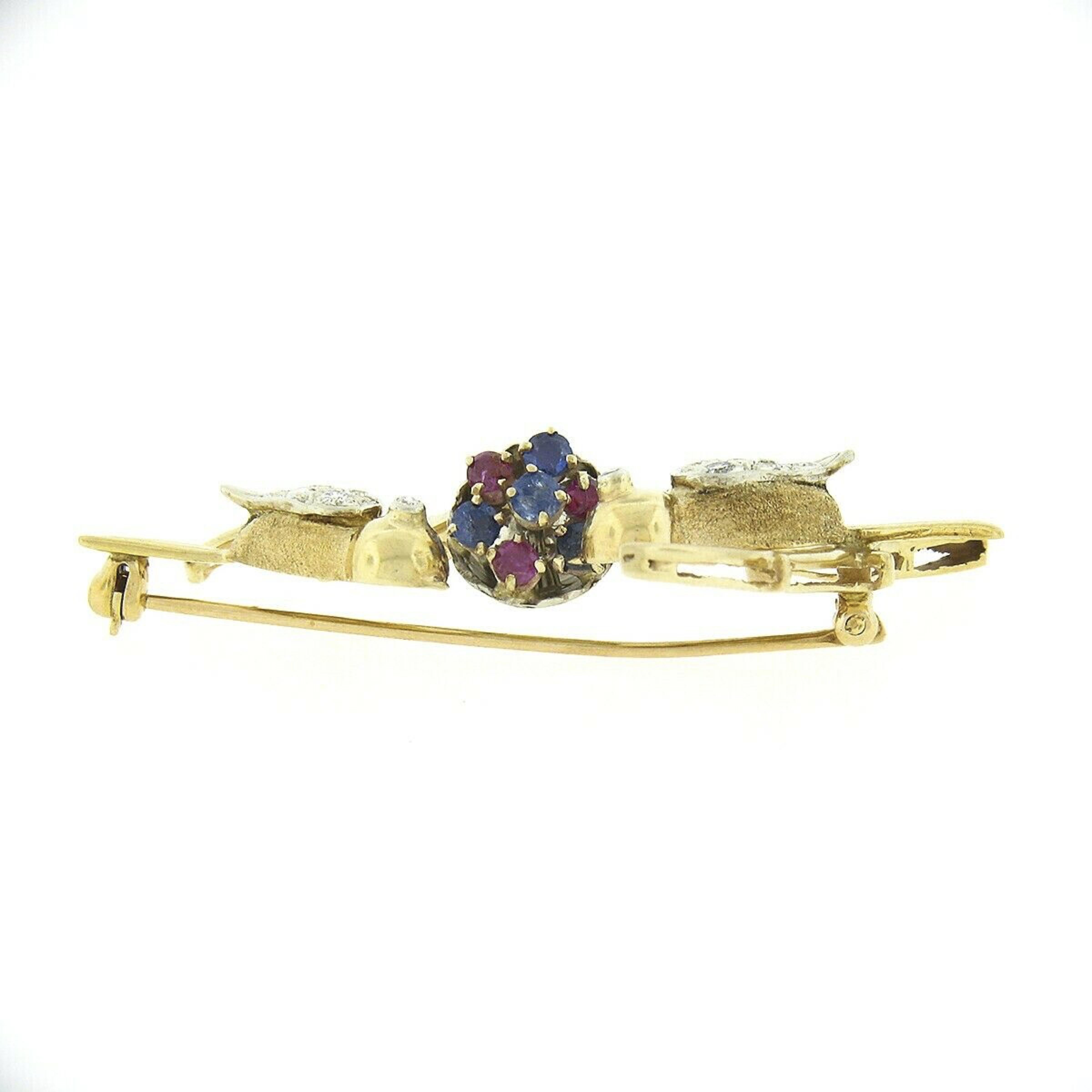 Round Cut Vintage 14K Gold Diamond Ruby & Sapphire Love Birds w/ Nest on Branch Pin Brooch For Sale