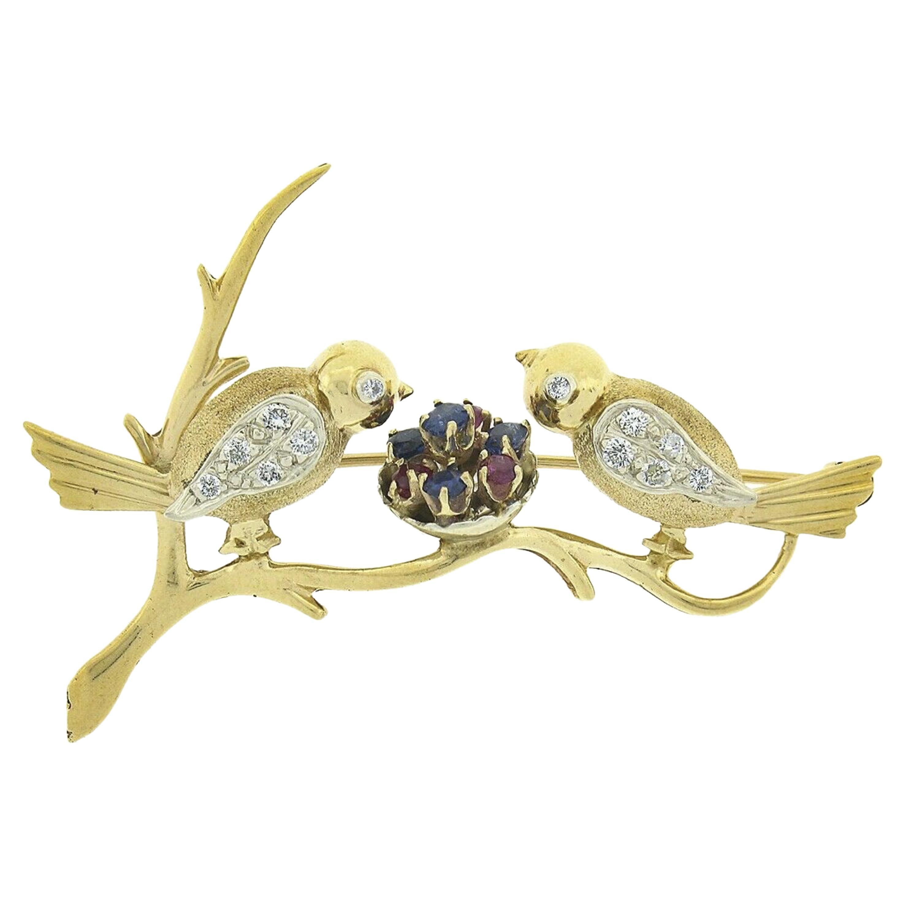 Vintage 14K Gold Diamond Ruby & Sapphire Love Birds w/ Nest on Branch Pin Brooch For Sale