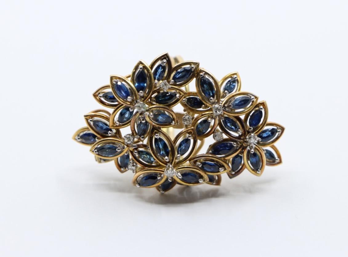 Vintage 14K Gold Diamond Sapphire Bouquet Ring For Sale 6