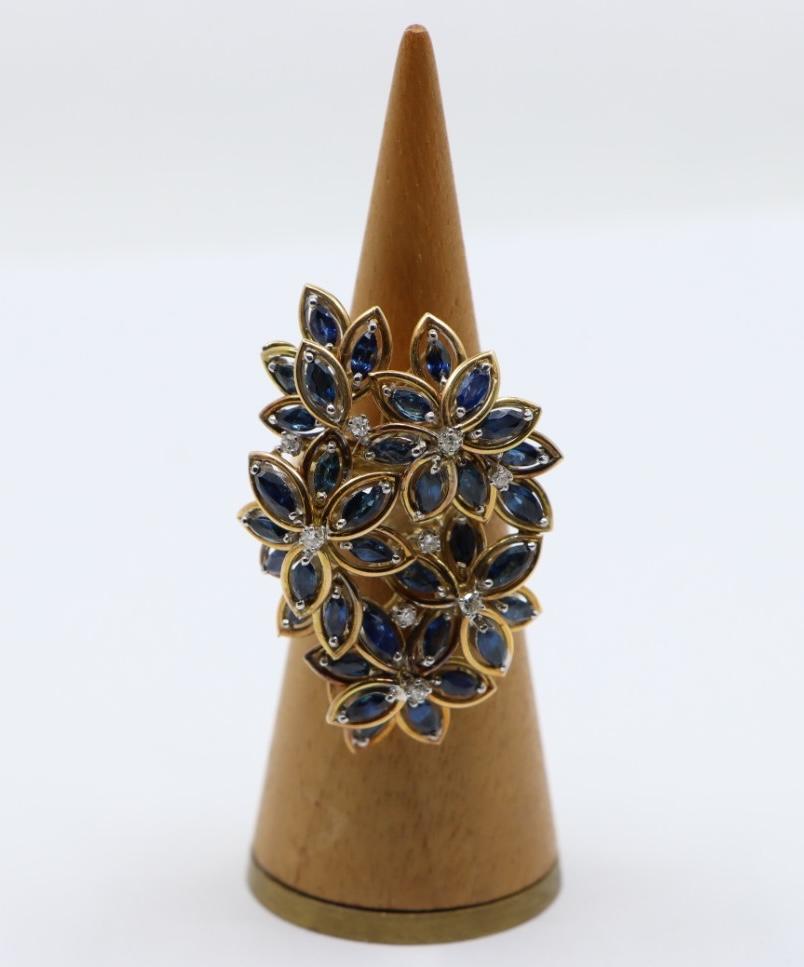 Round Cut Vintage 14K Gold Diamond Sapphire Bouquet Ring For Sale