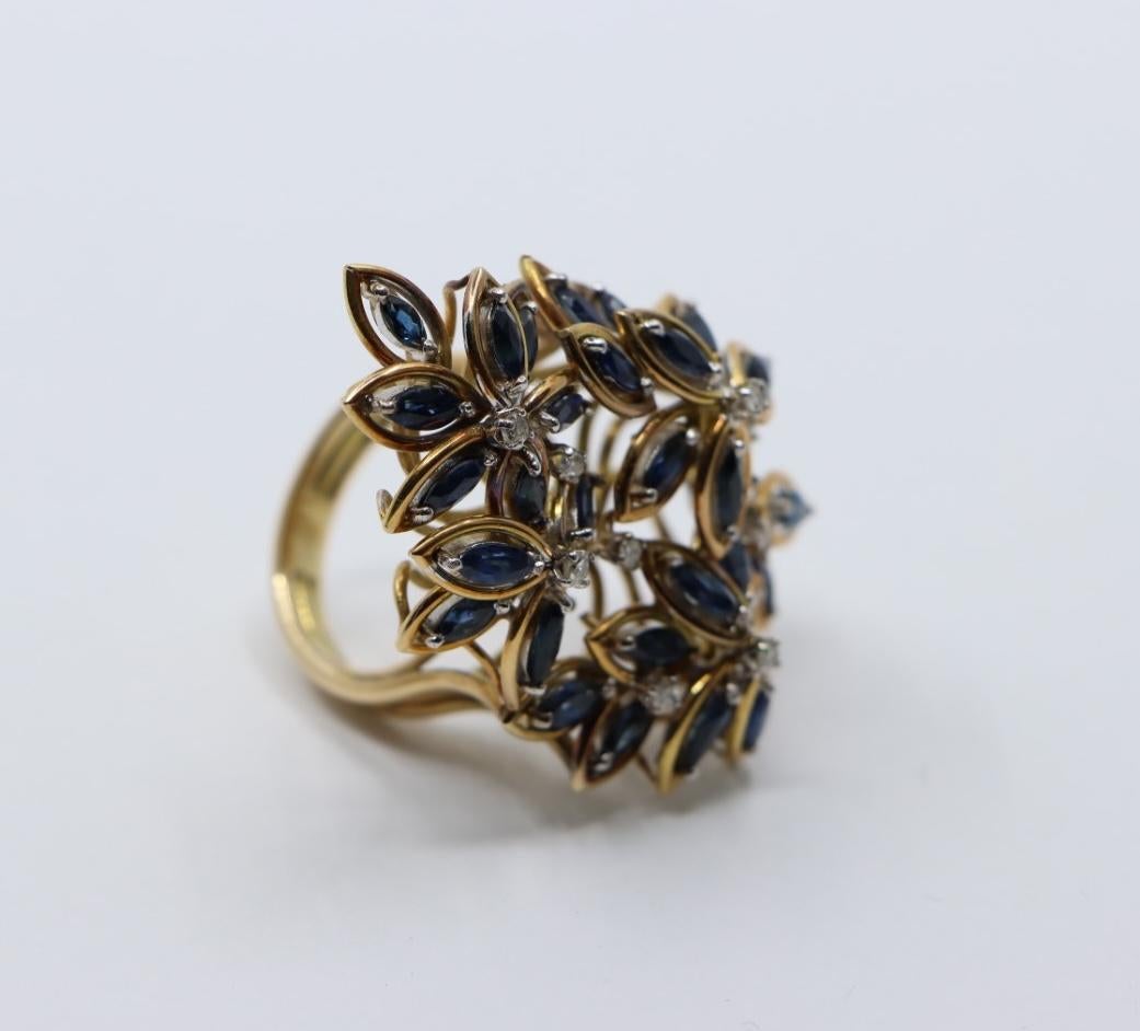 Vintage 14K Gold Diamond Sapphire Bouquet Ring For Sale 1
